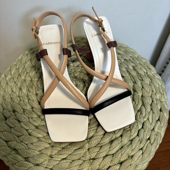 Carrano Neutral Square Toe Wood Heel  Strappy Heel Sandals - Picture 6 of 9